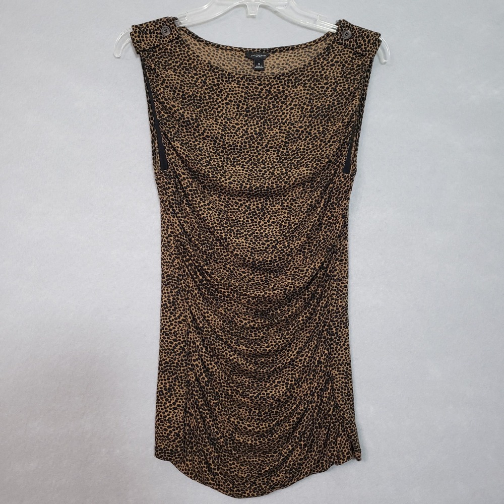 Ann Taylor Women M Tank Top Brown Leopard Print Ruched Boat Neck Button Shoulder